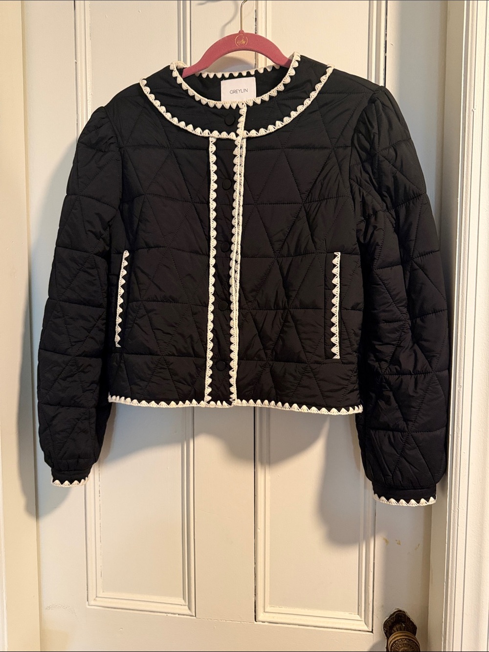 Greylin Black Quilted Jacket with White Scallop Trim